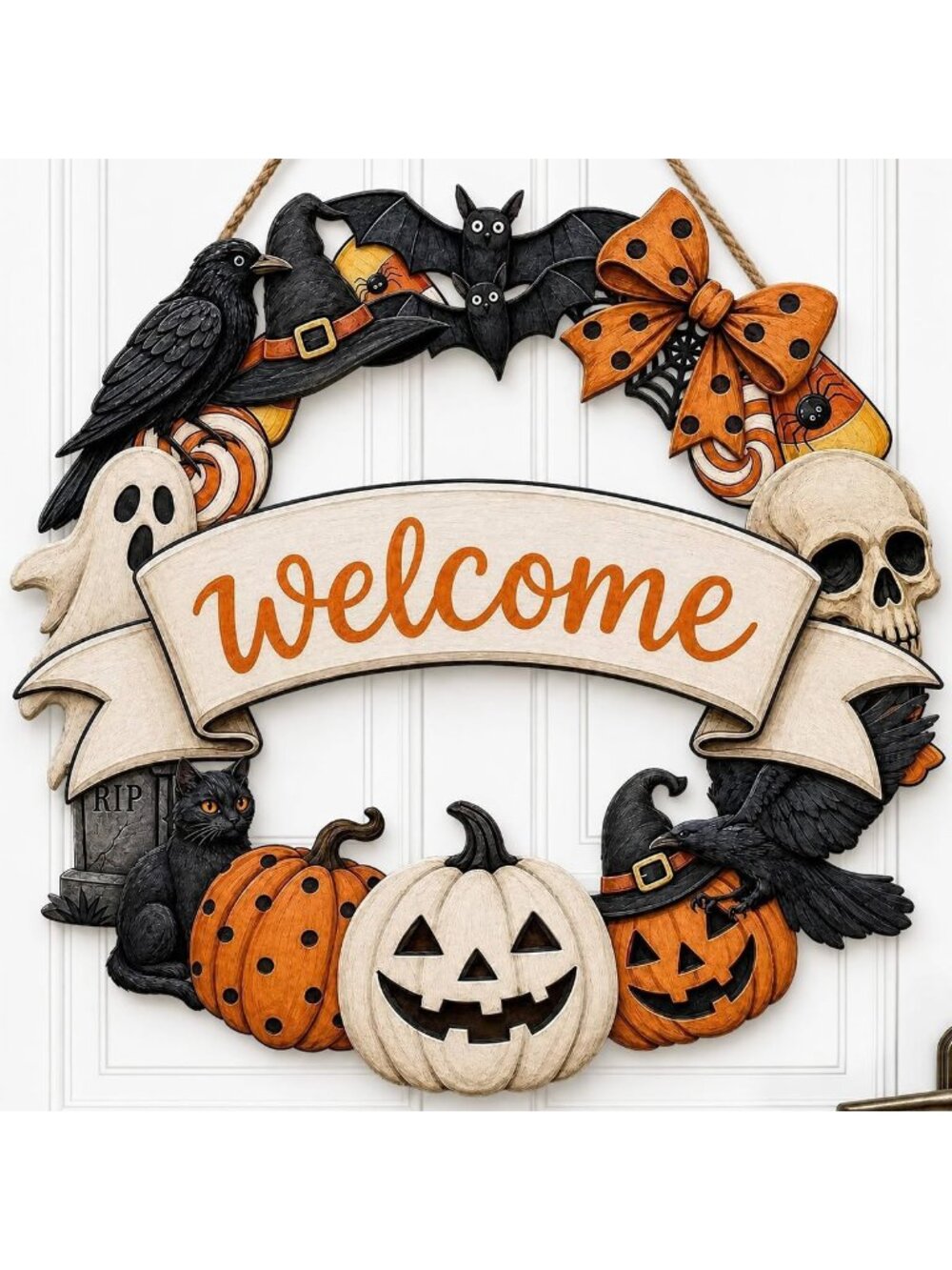 Halloween Welcome-1 Wreath Front Door Wooden Pumpkin Ghost Door Decor Skull Cat